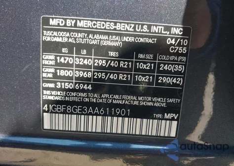 2010 Mercedes-Benz Gl-Class 4Matic from USA, damaged, VIN 4JGBF8GE3AA611901